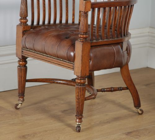 fig 3. Antique English Pair of Victorian Oak & Brown Leather Office Desk Library Club Arm Chairs (Circa 1850)