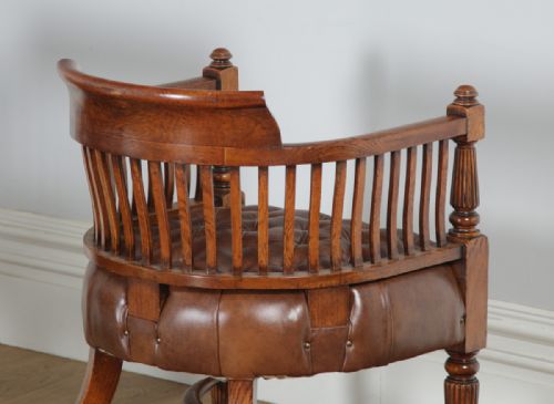 fig 4. Antique English Pair of Victorian Oak & Brown Leather Office Desk Library Club Arm Chairs (Circa 1850)