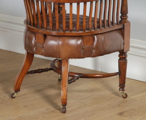 fig 5. Antique English Pair of Victorian Oak & Brown Leather Office Desk Library Club Arm Chairs (Circa 1850)