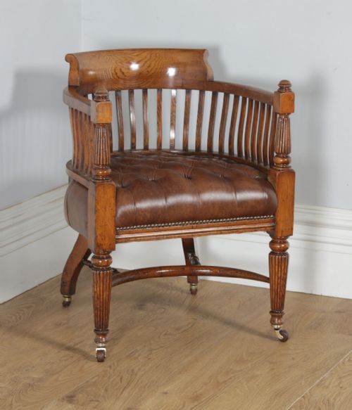 fig 6. Antique English Pair of Victorian Oak & Brown Leather Office Desk Library Club Arm Chairs (Circa 1850)
