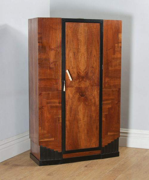 Antique English Art Deco Figured Walnut & Ebony Wardrobe / Armoire (Circa 1930)