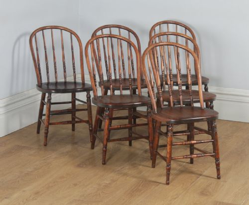 Antique Set of Six English Edwardian Ash & Oak Liberty Stick Hoop Back Windsor Kitchen Dining Chairs (Circa 1900)