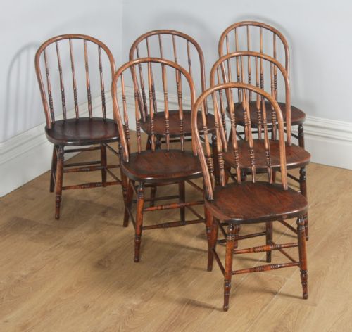 fig 1. Antique Set of Six English Edwardian Ash & Oak Liberty Stick Hoop Back Windsor Kitchen Dining Chairs (Circa 1900)