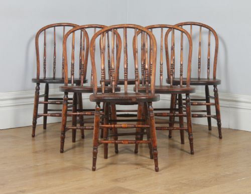 fig 2. Antique Set of Six English Edwardian Ash & Oak Liberty Stick Hoop Back Windsor Kitchen Dining Chairs (Circa 1900)
