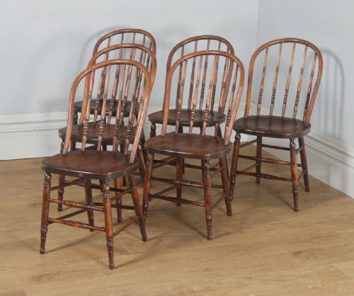 fig 3. Antique Set of Six English Edwardian Ash & Oak Liberty Stick Hoop Back Windsor Kitchen Dining Chairs (Circa 1900)