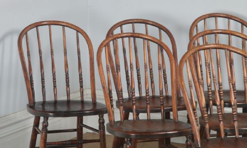 fig 4. Antique Set of Six English Edwardian Ash & Oak Liberty Stick Hoop Back Windsor Kitchen Dining Chairs (Circa 1900)