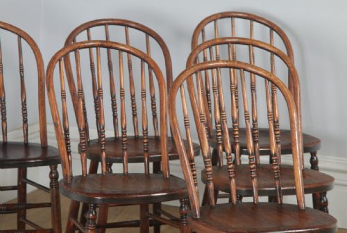fig 5. Antique Set of Six English Edwardian Ash & Oak Liberty Stick Hoop Back Windsor Kitchen Dining Chairs (Circa 1900)