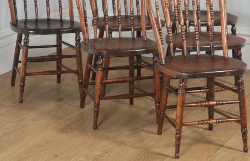 fig 6. Antique Set of Six English Edwardian Ash & Oak Liberty Stick Hoop Back Windsor Kitchen Dining Chairs (Circa 1900)