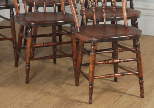 fig 7. Antique Set of Six English Edwardian Ash & Oak Liberty Stick Hoop Back Windsor Kitchen Dining Chairs (Circa 1900)