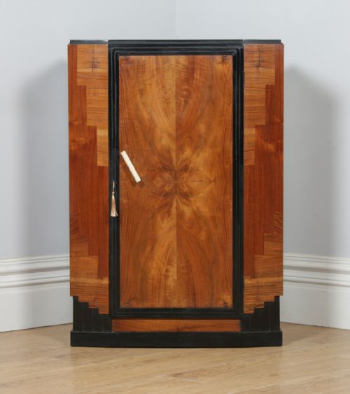 fig 1. Antique English Art Deco Figured Walnut & Ebony Tallboy Chest of Drawers (Circa 1930)