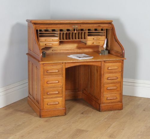 Antique English Edwardian 4ft 2” Oak Roll Top Pedestal Office Writing Desk (Circa 1910)