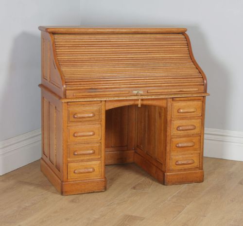 fig 1. Antique English Edwardian 4ft 2” Oak Roll Top Pedestal Office Writing Desk (Circa 1910)