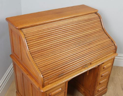 fig 3. Antique English Edwardian 4ft 2” Oak Roll Top Pedestal Office Writing Desk (Circa 1910)