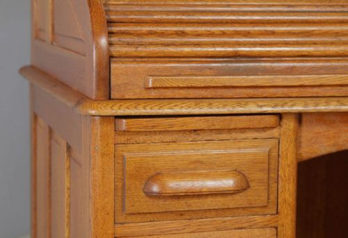 fig 5. Antique English Edwardian 4ft 2” Oak Roll Top Pedestal Office Writing Desk (Circa 1910)