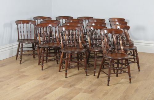 Antique English Set of Sixteen 16 Victorian Ash & Elm Windsor Spindle Bar Back Kitchen Dining Chairs (Circa 1880)