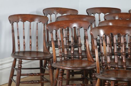 fig 1. Antique English Set of Sixteen 16 Victorian Ash & Elm Windsor Spindle Bar Back Kitchen Dining Chairs (Circa 1880)