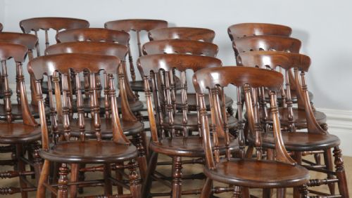 fig 2. Antique English Set of Sixteen 16 Victorian Ash & Elm Windsor Spindle Bar Back Kitchen Dining Chairs (Circa 1880)