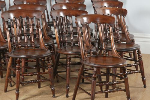 fig 3. Antique English Set of Sixteen 16 Victorian Ash & Elm Windsor Spindle Bar Back Kitchen Dining Chairs (Circa 1880)