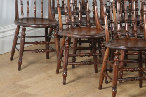 fig 4. Antique English Set of Sixteen 16 Victorian Ash & Elm Windsor Spindle Bar Back Kitchen Dining Chairs (Circa 1880)