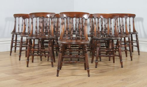 fig 6. Antique English Set of Sixteen 16 Victorian Ash & Elm Windsor Spindle Bar Back Kitchen Dining Chairs (Circa 1880)