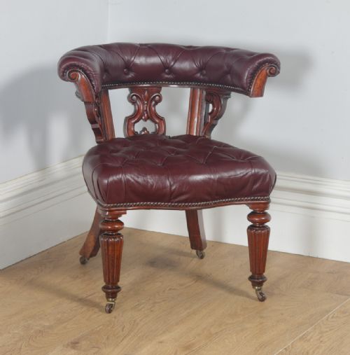 Antique English Victorian Mahogany & Burgundy Red Leather Office Desk Arm Chair (Circa 1860)