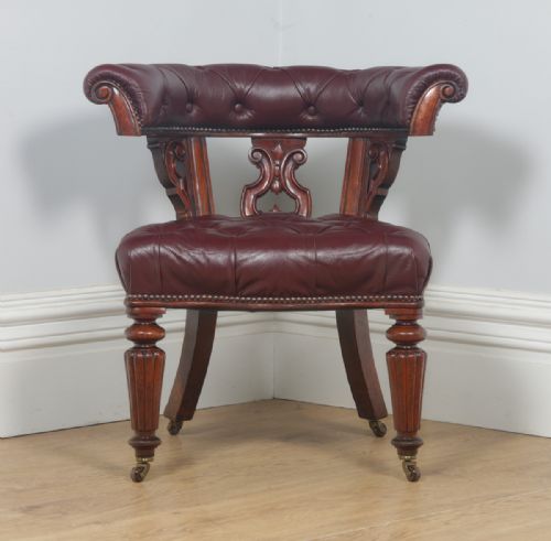 fig 1. Antique English Victorian Mahogany & Burgundy Red Leather Office Desk Arm Chair (Circa 1860)