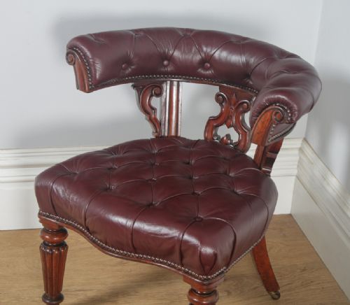 fig 3. Antique English Victorian Mahogany & Burgundy Red Leather Office Desk Arm Chair (Circa 1860)