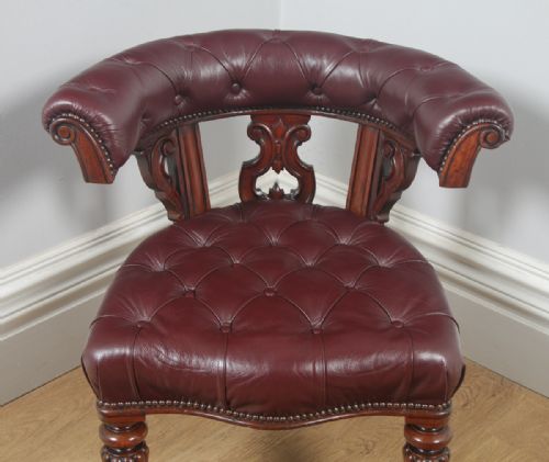 fig 4. Antique English Victorian Mahogany & Burgundy Red Leather Office Desk Arm Chair (Circa 1860)