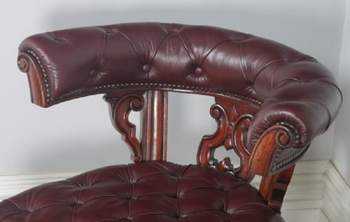 fig 5. Antique English Victorian Mahogany & Burgundy Red Leather Office Desk Arm Chair (Circa 1860)