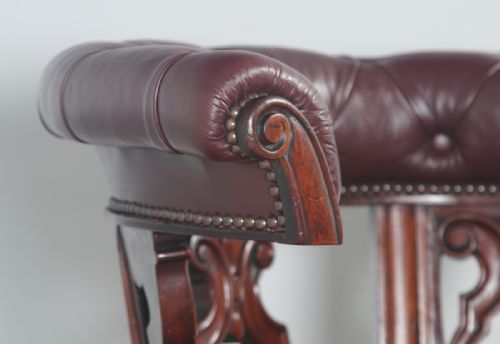 fig 7. Antique English Victorian Mahogany & Burgundy Red Leather Office Desk Arm Chair (Circa 1860)