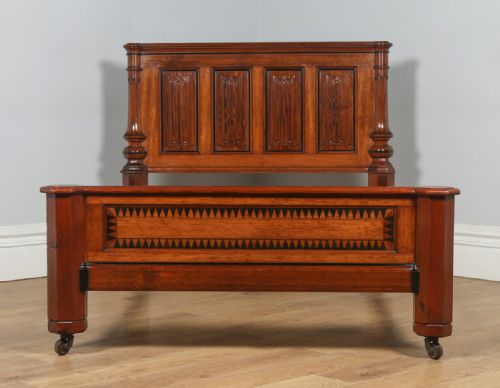 fig 1. Antique English Victorian Gothic Pitch Pine & Ebony 4ft 6” Double Size Bed (Circa 1890)
