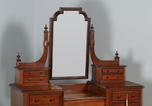 fig 2. Antique English Victorian Gothic Pitch Pine & Ebony Pedestal Dressing Table with Mirror (Circa 1890)