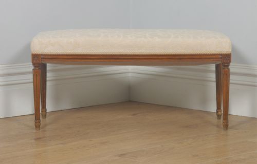 fig 1. Antique French Louis XVI Style Walnut Upholstered Duet Music Window Stool Ottoman Seat (Circa 1880)