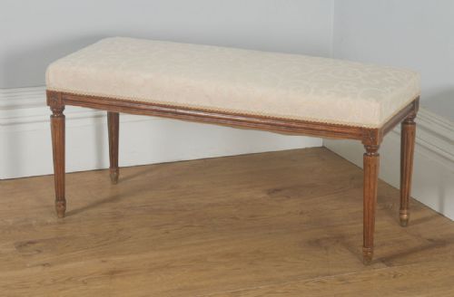 fig 2. Antique French Louis XVI Style Walnut Upholstered Duet Music Window Stool Ottoman Seat (Circa 1880)