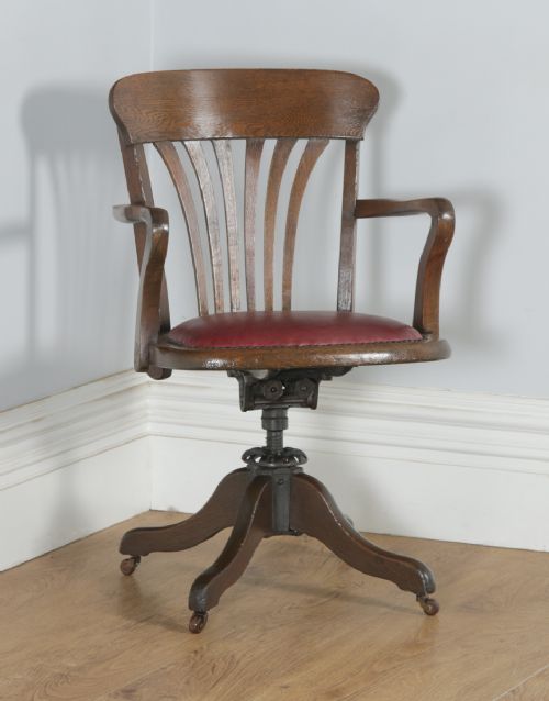 Antique English Edwardian Oak & Red Leather Revolving Office Desk Arm Chair (Circa 1910)