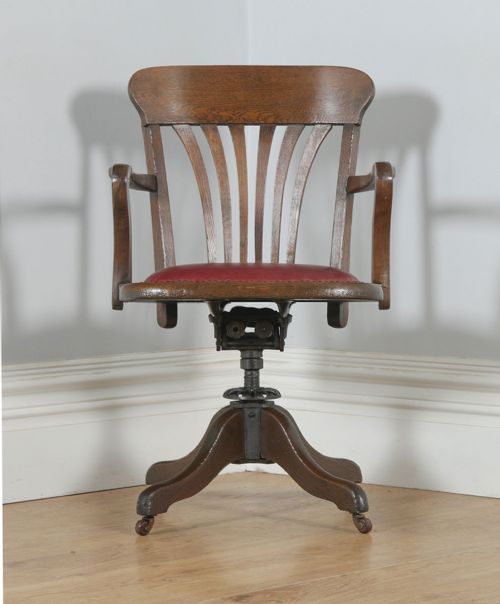 fig 1. Antique English Edwardian Oak & Red Leather Revolving Office Desk Arm Chair (Circa 1910)