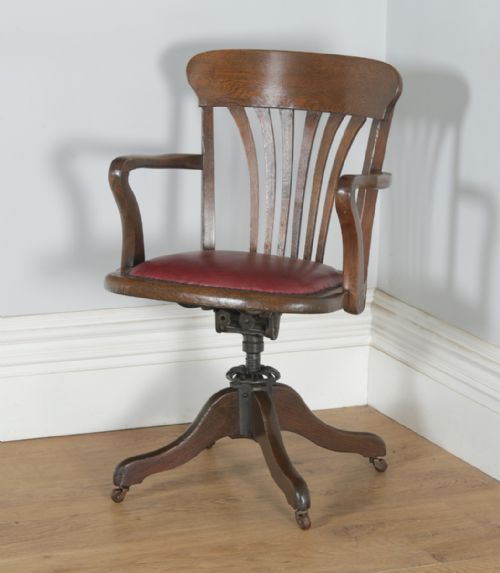 fig 2. Antique English Edwardian Oak & Red Leather Revolving Office Desk Arm Chair (Circa 1910)