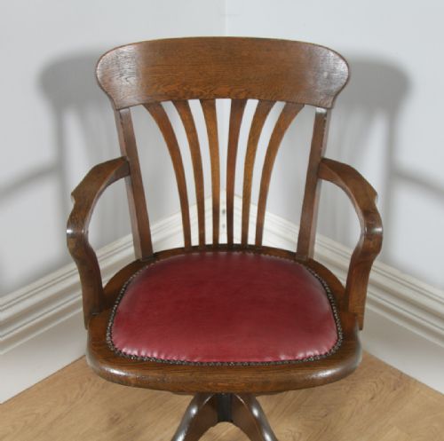 fig 3. Antique English Edwardian Oak & Red Leather Revolving Office Desk Arm Chair (Circa 1910)