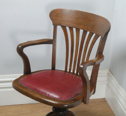fig 4. Antique English Edwardian Oak & Red Leather Revolving Office Desk Arm Chair (Circa 1910)