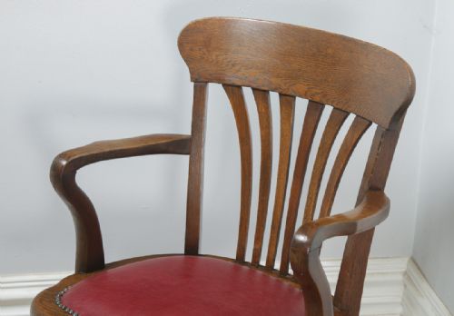fig 6. Antique English Edwardian Oak & Red Leather Revolving Office Desk Arm Chair (Circa 1910)