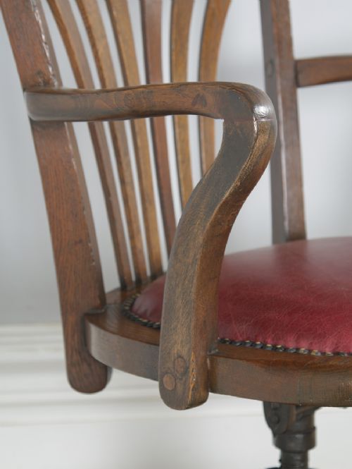 fig 8. Antique English Edwardian Oak & Red Leather Revolving Office Desk Arm Chair (Circa 1910)