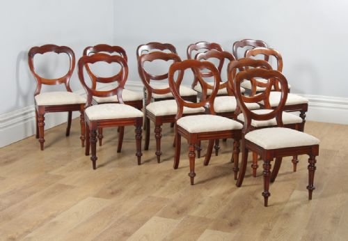 Antique English Victorian Set of 12 Twelve Mahogany Crown Top Balloon Back Dining Chairs (Circa 1880)