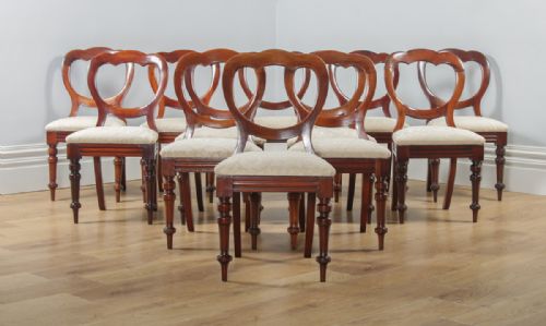 fig 1. Antique English Victorian Set of 12 Twelve Mahogany Crown Top Balloon Back Dining Chairs (Circa 1880)