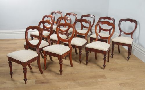 fig 2. Antique English Victorian Set of 12 Twelve Mahogany Crown Top Balloon Back Dining Chairs (Circa 1880)