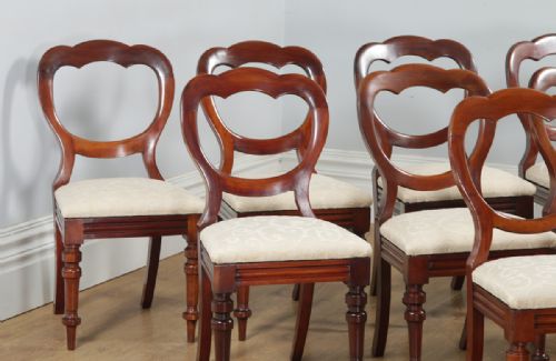 fig 3. Antique English Victorian Set of 12 Twelve Mahogany Crown Top Balloon Back Dining Chairs (Circa 1880)