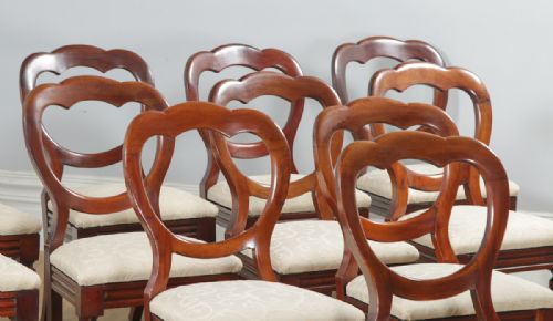 fig 4. Antique English Victorian Set of 12 Twelve Mahogany Crown Top Balloon Back Dining Chairs (Circa 1880)