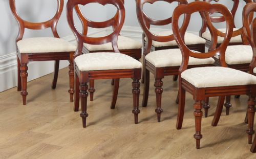 fig 5. Antique English Victorian Set of 12 Twelve Mahogany Crown Top Balloon Back Dining Chairs (Circa 1880)