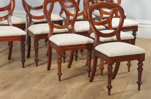 fig 6. Antique English Victorian Set of 12 Twelve Mahogany Crown Top Balloon Back Dining Chairs (Circa 1880)