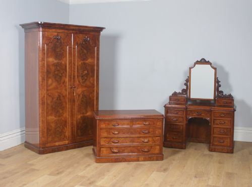 Antique English Victorian Burr Walnut & Satinwood Three Piece Bedroom Suite Including Mirror Dressing Table, Wardrobe & Chest of Drawers (Circa 1880)