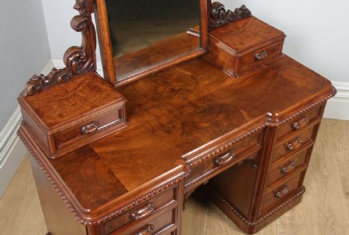 fig 5. Antique English Victorian Burr Walnut & Satinwood Three Piece Bedroom Suite Including Mirror Dressing Table, Wardrobe & Chest of Drawers (Circa 1880)